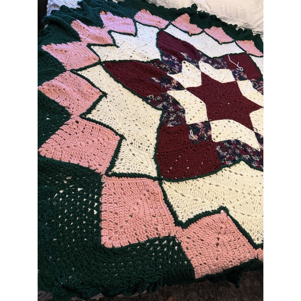 Vintage Large Crochet Prairie‎ Star Afghan Throw Multicolored 84"x84" Blanket - Picture 3 of 8